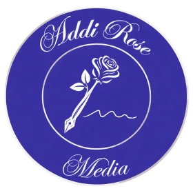 Blue circular logo with rose and text.