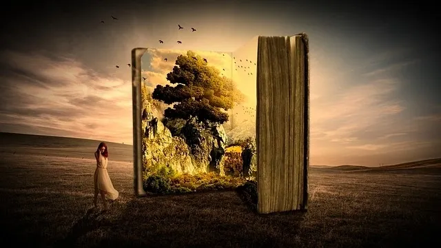 Woman approaching giant, magical open book.
